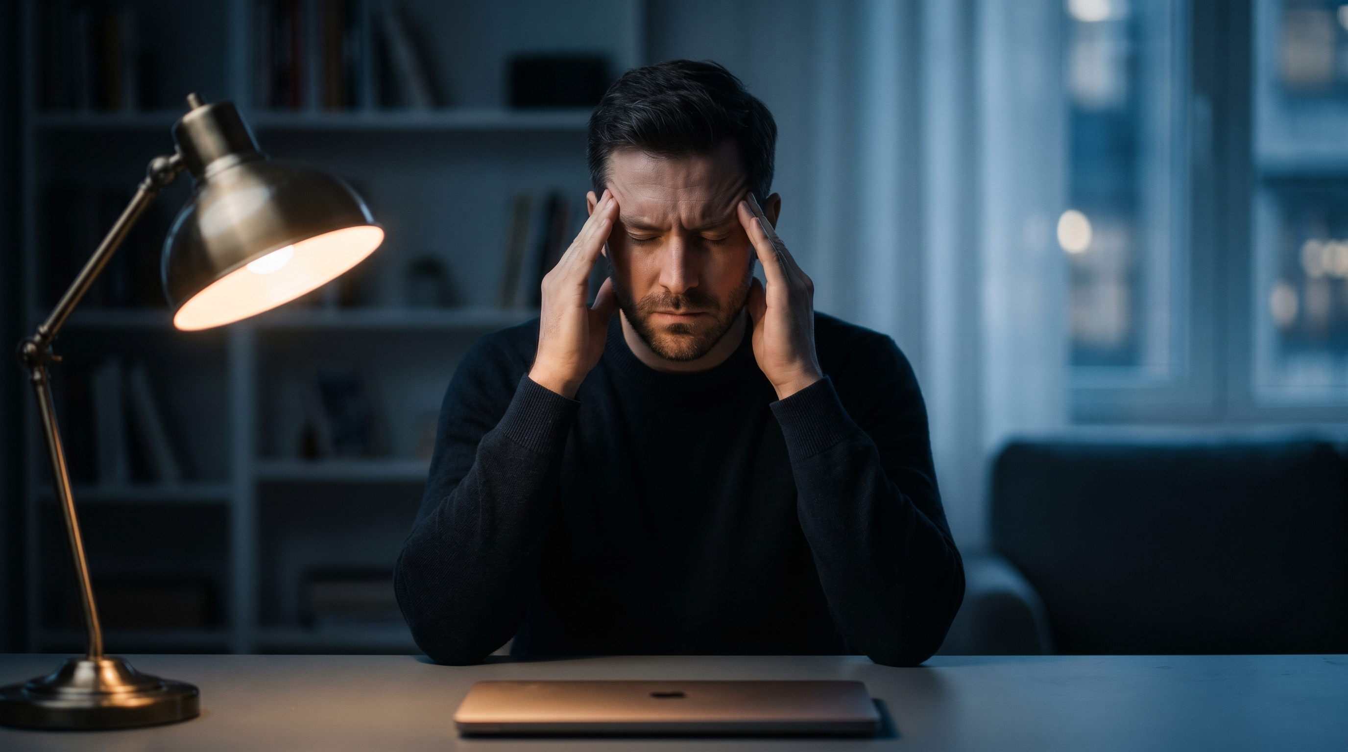 Man experiencing brain fog and mental fatigue while working at desk with laptop