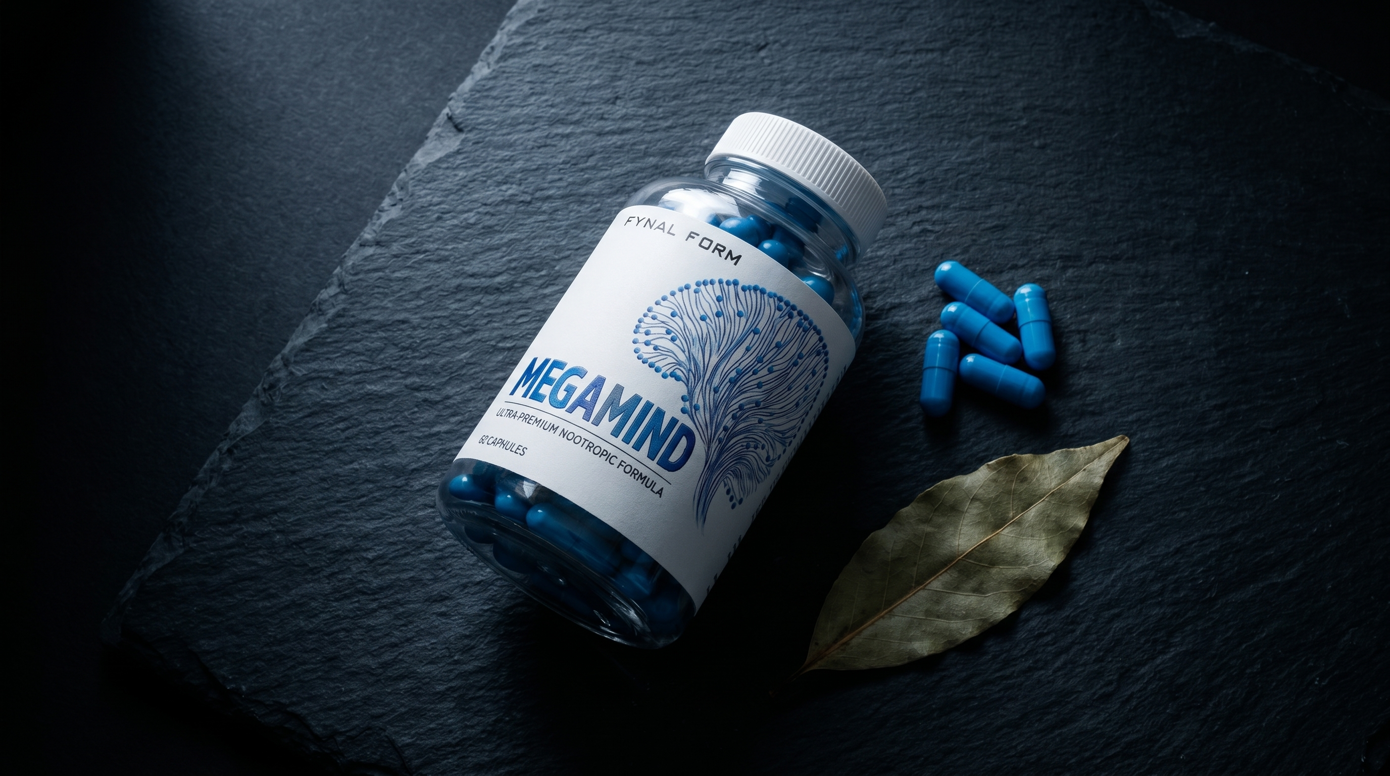 Megamind nootropic supplement bottle with capsules on dark surface representing focus and cognitive performance