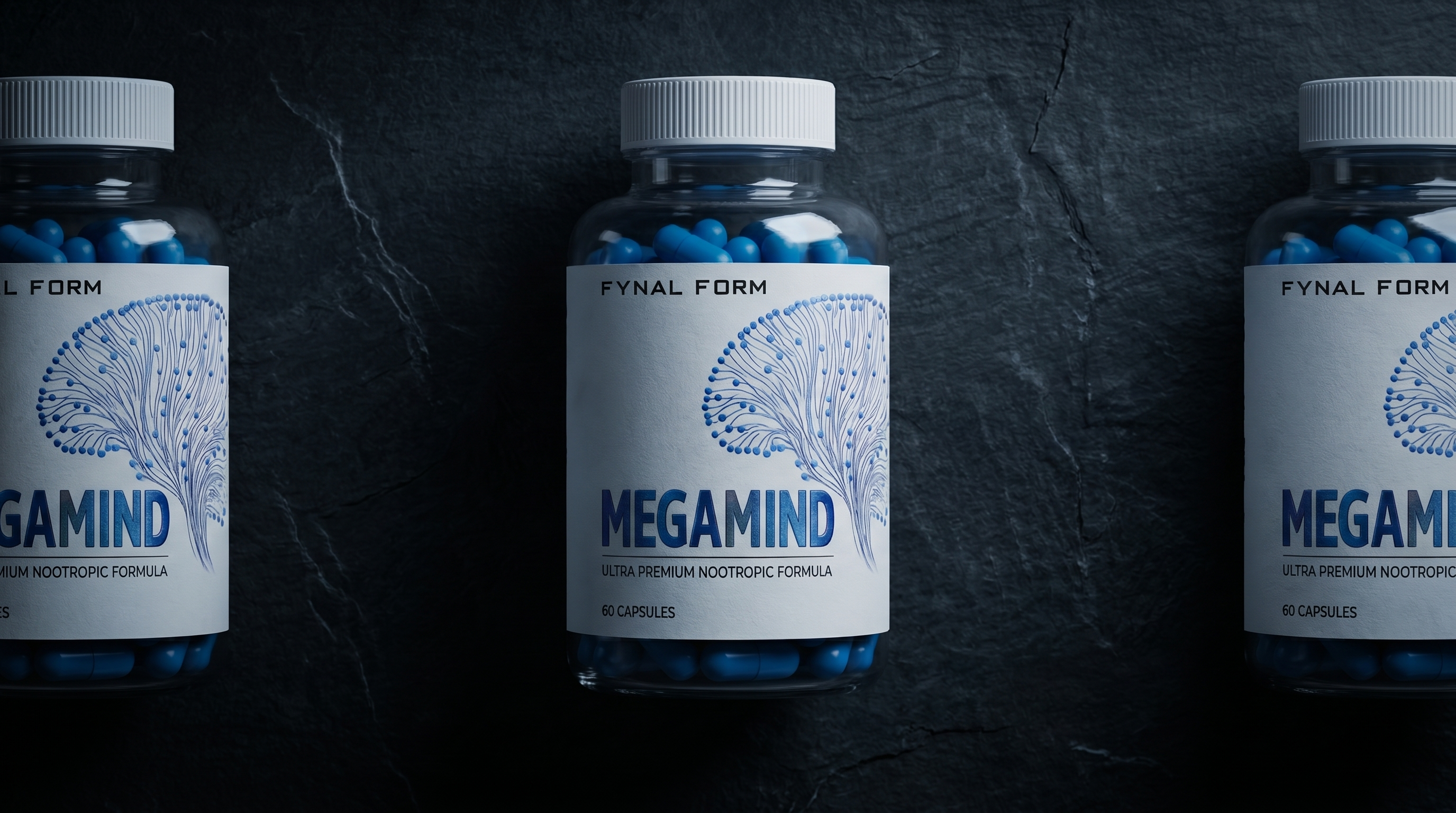 Nootropic supplement bottles on dark surface with Megamind highlighted as premium focus formula
