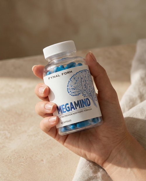 Hand holding Megamind nootropic supplement bottle