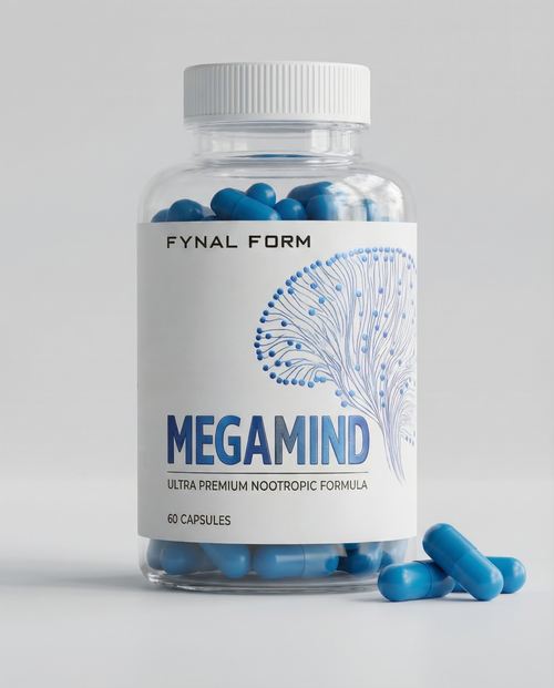 Megamind nootropic supplement bottle with capsules beside it